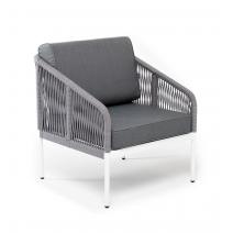  "Канны" кресло плетеное из роупа, каркас алюминий белый шагрень, роуп светло-серый круглый, ткань серая, фото 3 