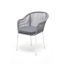  "Лион" стул плетеный из роупа, каркас из стали белый, роуп светло-серый круглый, ткань светло-серая, фото 1 