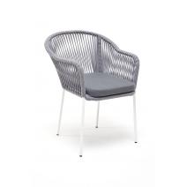  "Лион" стул плетеный из роупа, каркас из стали белый, роуп светло-серый круглый, ткань светло-серая, фото 2 