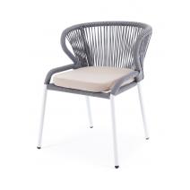  "Милан" стул плетеный из роупа, каркас алюминий белый шагрень, роуп светло-серый круглый, ткань бежевая, фото 1 