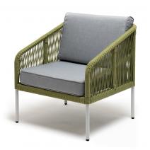  "Канны" кресло плетеное из роупа, каркас алюминий светло-серый (RAL7035) шагрень, роуп салатовый круглый, ткань светло-серая, фото 1 