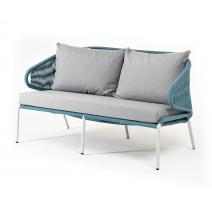  "Милан" диван 2-местный плетеный из роупа, каркас алюминий светло-серый (RAL7035) шагрень, роуп бирюзовый круглый, ткань светло-серая, фото 1 