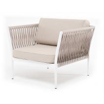  "Касабланка" кресло плетеное из роупа, каркас алюминий белый, роуп бежевый 20мм, ткань бежевая, фото 1 