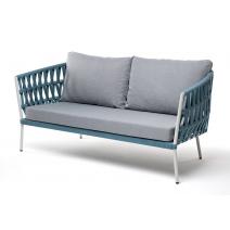  "Диего" диван 2-местный плетеный из роупа, каркас алюминий светло-серый (RAL7035) шагрень, роуп бирюзовый круглый, ткань светло-серая, фото 1 