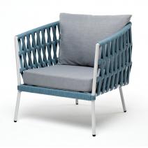  "Диего" кресло плетеное из роупа, каркас алюминий светло-серый (RAL7035) шагрень, роуп бирюзовый круглый, ткань светло-серая, фото 1 