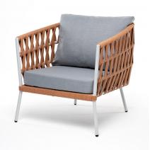  "Диего" кресло плетеное из роупа, каркас алюминий светло-серый (RAL7035) шагрень, роуп оранжевый меланж круглый, ткань светло-серая, фото 1 
