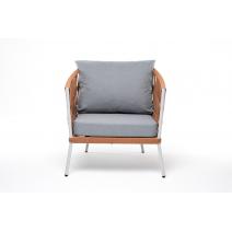  "Диего" кресло плетеное из роупа, каркас алюминий светло-серый (RAL7035) шагрень, роуп оранжевый меланж круглый, ткань светло-серая, фото 2 
