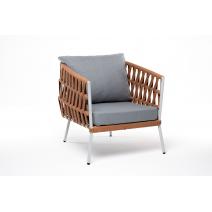  "Диего" кресло плетеное из роупа, каркас алюминий светло-серый (RAL7035) шагрень, роуп оранжевый меланж круглый, ткань светло-серая, фото 3 