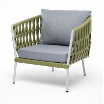  "Диего" кресло плетеное из роупа, каркас алюминий светло-серый (RAL7035) шагрень, роуп салатовый меланж круглый, ткань светло-серая, фото 1 