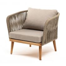  "Мальорка" кресло плетеное из роупа, основание дуб, роуп серо-коричневый 23мм, ткань бежевая 052, фото 1 