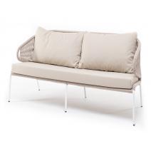  "Милан" диван 2-местный плетеный из роупа, каркас алюминий белый муар, роуп бежевый круглый, ткань бежевая 035, фото 1 
