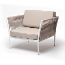 "Касабланка" кресло плетеное из роупа, каркас алюминий белый муар, роуп бежевый 20мм, ткань бежевая 052, фото 1 