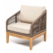  "Канны" кресло плетеное из роупа, основание дуб, роуп коричневый круглый, ткань бежевая 052, фото 1 