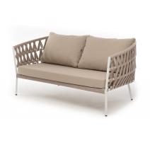  "Диего" диван 2-местный плетеный из роупа, каркас алюминий светло-серый (RAL7035) шагрень, роуп бежевый круглый, ткань бежевая 15052, фото 1 