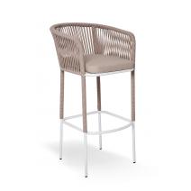  "Марсель" стул барный плетеный из роупа, каркас из стали белый муар, роуп бежевый круглый, ткань бежевая 15052, фото 3 