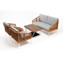  "Канны" лаунж-зона 4-местная из роупа со столом "Глория" цвет "дуб", каркас алюминиевый белый, роуп оранжевый меланж, фото 2 