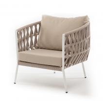  "Диего" кресло плетеное из роупа, каркас алюминий белый муар, роуп бежевый круглый, ткань бежевая 052, фото 1 