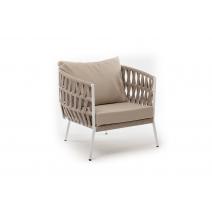  "Диего" кресло плетеное из роупа, каркас алюминий белый муар, роуп бежевый круглый, ткань бежевая 052, фото 3 