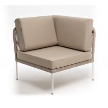  "Канны" угловой модуль плетеный из роупа, каркас алюминий белый муар, роуп бежевый круглый, ткань бежевая 15052, фото 1 