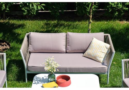  "Касабланка" диван 2-местный плетеный из роупа, каркас алюминий светло-серый (RAL7035) шагрень, роуп серо-коричневый 23мм, ткань бежевая интерьерная, фото 5 