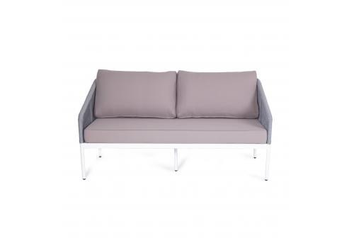  "Канны" диван 2-местный плетеный из роупа, каркас алюминий белый, роуп светло-серый круглый, ткань светло-серая, фото 2 