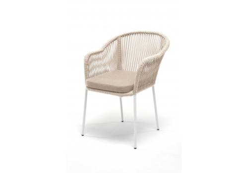  "Лион" стул плетеный из роупа, каркас из стали белый муар, роуп бежевый круглый, ткань бежевая, фото 1 