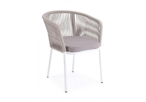 "Марсель" стул плетеный из роупа, каркас алюминий белый шагрень, роуп бежевый круглый, ткань бежевая, фото 3 