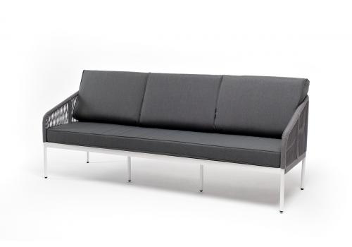  "Канны" диван 3-местный плетеный из роупа, каркас алюминий белый шагрень, роуп светло-серый круглый, ткань бежевая, фото 1 