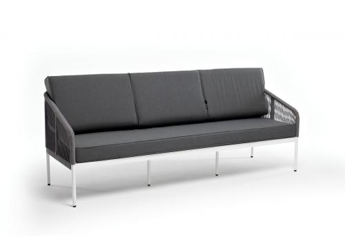  "Канны" диван 3-местный плетеный из роупа, каркас алюминий белый шагрень, роуп светло-серый круглый, ткань бежевая, фото 2 