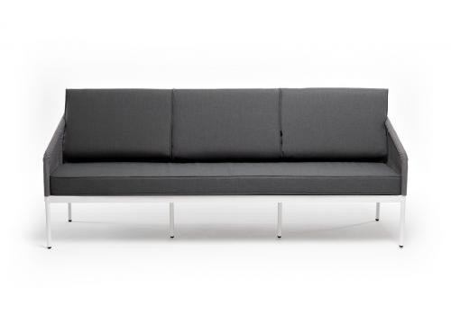  "Канны" диван 3-местный плетеный из роупа, каркас алюминий белый шагрень, роуп светло-серый круглый, ткань бежевая, фото 3 