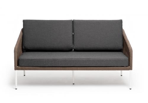  "Канны" диван 2-местный плетеный из роупа, каркас алюминий белый, роуп коричневый круглый, ткань серая, фото 2 