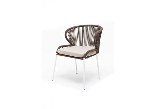  "Милан" стул плетеный из роупа, каркас алюминий белый, роуп коричневый круглый, ткань бежевая, фото 1 