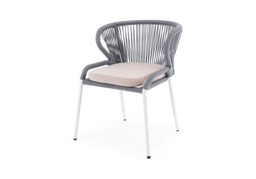  "Милан" стул плетеный из роупа, каркас алюминий белый шагрень, роуп светло-серый круглый, ткань бежевая, фото 1 