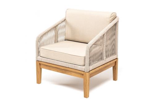  "Канны" кресло плетеное из роупа, основание дуб, роуп бежевый круглый, ткань бежевая, фото 1 