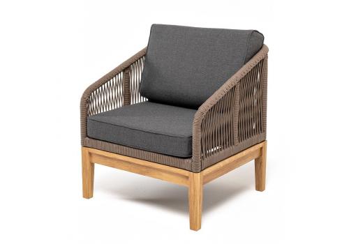  "Канны" кресло плетеное из роупа, основание дуб, роуп коричневый круглый, ткань бежевая, фото 1 