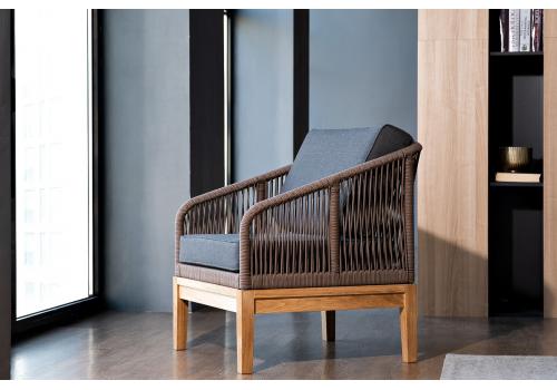  "Канны" кресло плетеное из роупа, основание дуб, роуп коричневый круглый, ткань темно-серая, фото 13 