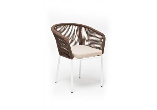 "Марсель" стул плетеный из роупа, каркас алюминий белый, роуп коричневый круглый, ткань бежевая, фото 3 