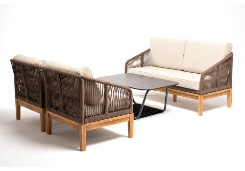  "Канны" диван 2-местный плетеный из роупа, основание дуб, роуп коричневый круглый, ткань бежевая, фото 1 