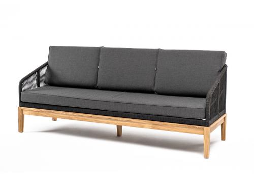  "Канны" диван 3-местный плетеный из роупа, основание дуб, роуп темно-серый круглый, ткань темно-серая, фото 1 