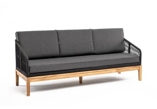  "Канны" диван 3-местный плетеный из роупа, основание дуб, роуп темно-серый круглый, ткань темно-серая, фото 3 