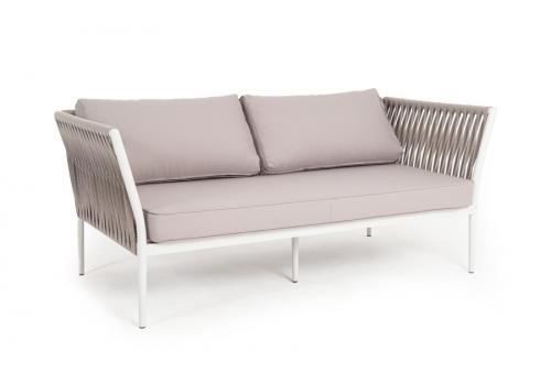  "Касабланка" диван 2-местный плетеный из роупа, каркас алюминий светло-серый (RAL7035) шагрень, роуп серо-коричневый 23мм, ткань Savana ivory, фото 1 