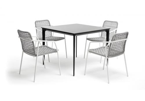  "Малага" обеденная группа на 4 персоны со стульями "Тунис", каркас белый, роуп светло-серый, фото 1 