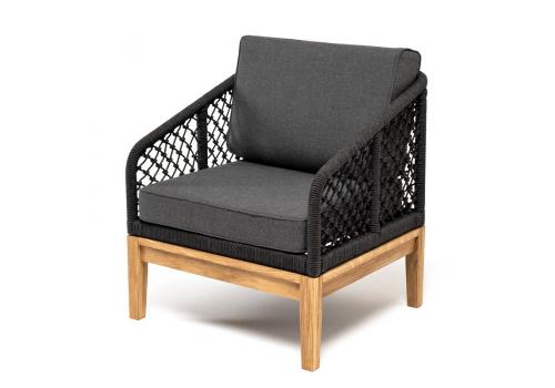  "Канны" кресло плетеное из роупа (узелки), основание дуб, роуп темно-серый круглый, ткань серая, фото 1 