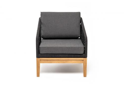  "Канны" кресло плетеное из роупа (узелки), основание дуб, роуп темно-серый круглый, ткань серая, фото 2 