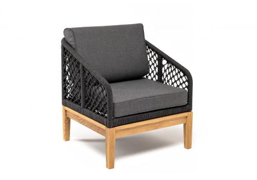  "Канны" кресло плетеное из роупа (узелки), основание дуб, роуп темно-серый круглый, ткань серая, фото 3 