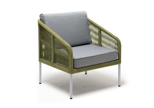  "Канны" кресло плетеное из роупа, каркас алюминий светло-серый (RAL7035) шагрень, роуп салатовый круглый, ткань светло-серая, фото 3 