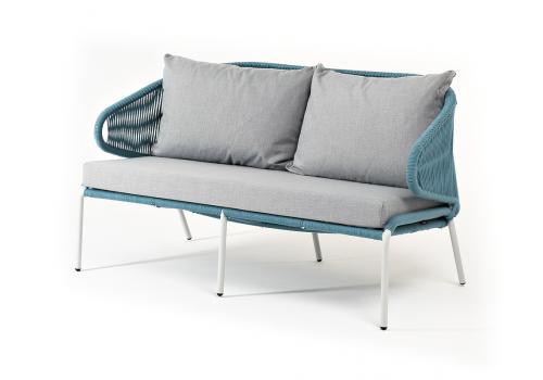  "Милан" диван 2-местный плетеный из роупа, каркас алюминий светло-серый (RAL7035) шагрень, роуп бирюзовый круглый, ткань светло-серая, фото 1 