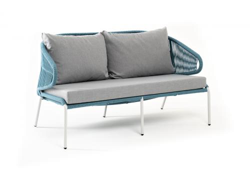  "Милан" диван 2-местный плетеный из роупа, каркас алюминий светло-серый (RAL7035) шагрень, роуп бирюзовый круглый, ткань светло-серая, фото 3 
