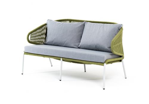  "Милан" диван 2-местный плетеный из роупа, каркас алюминий светло-серый (RAL7035) шагрень, роуп салатовый круглый, ткань светло-серая, фото 1 