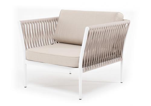  "Касабланка" кресло плетеное из роупа, каркас алюминий белый, роуп бежевый 20мм, ткань бежевая, фото 1 